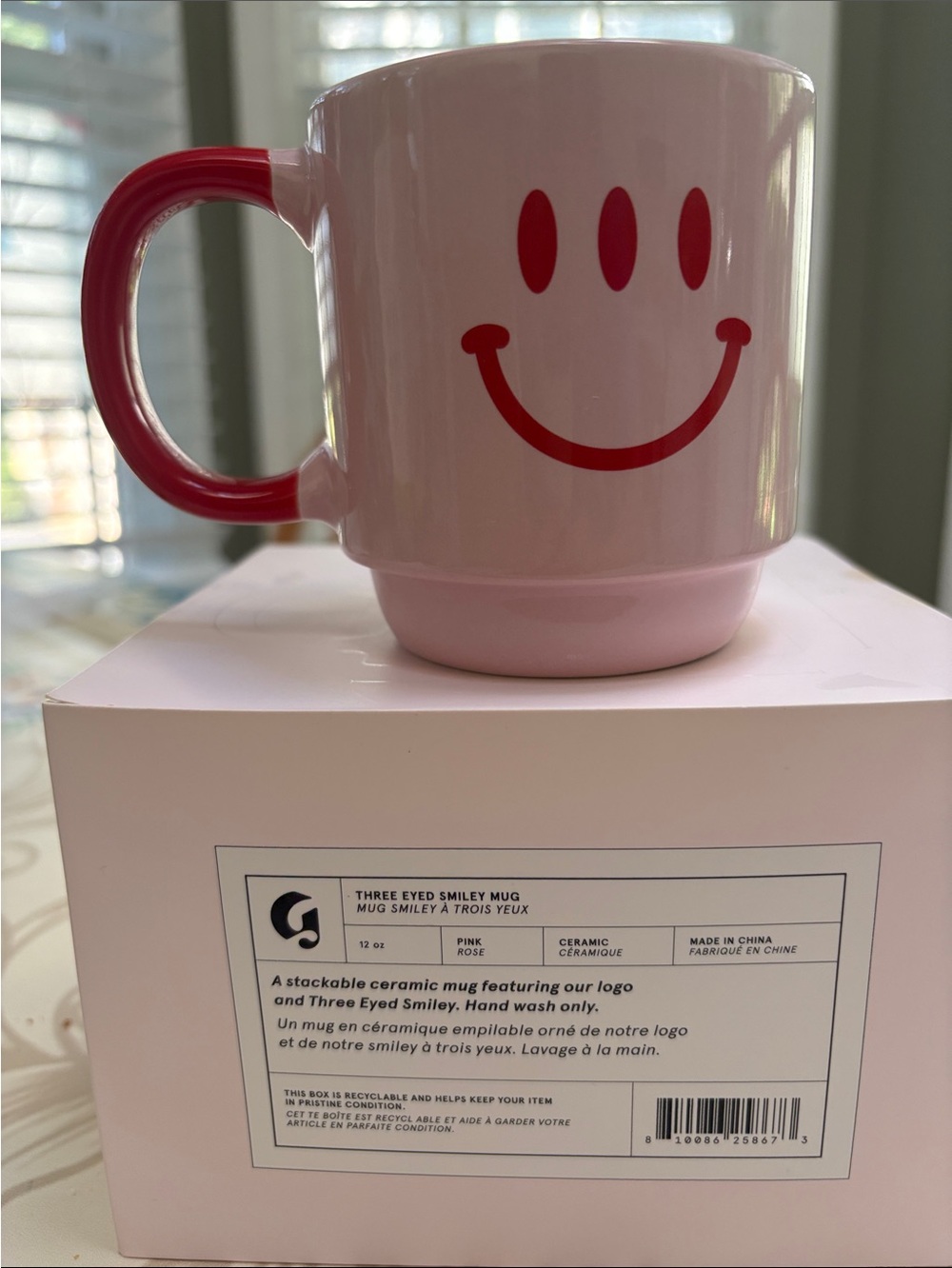Glossier Pink Ceramic Mug with Red Smiley